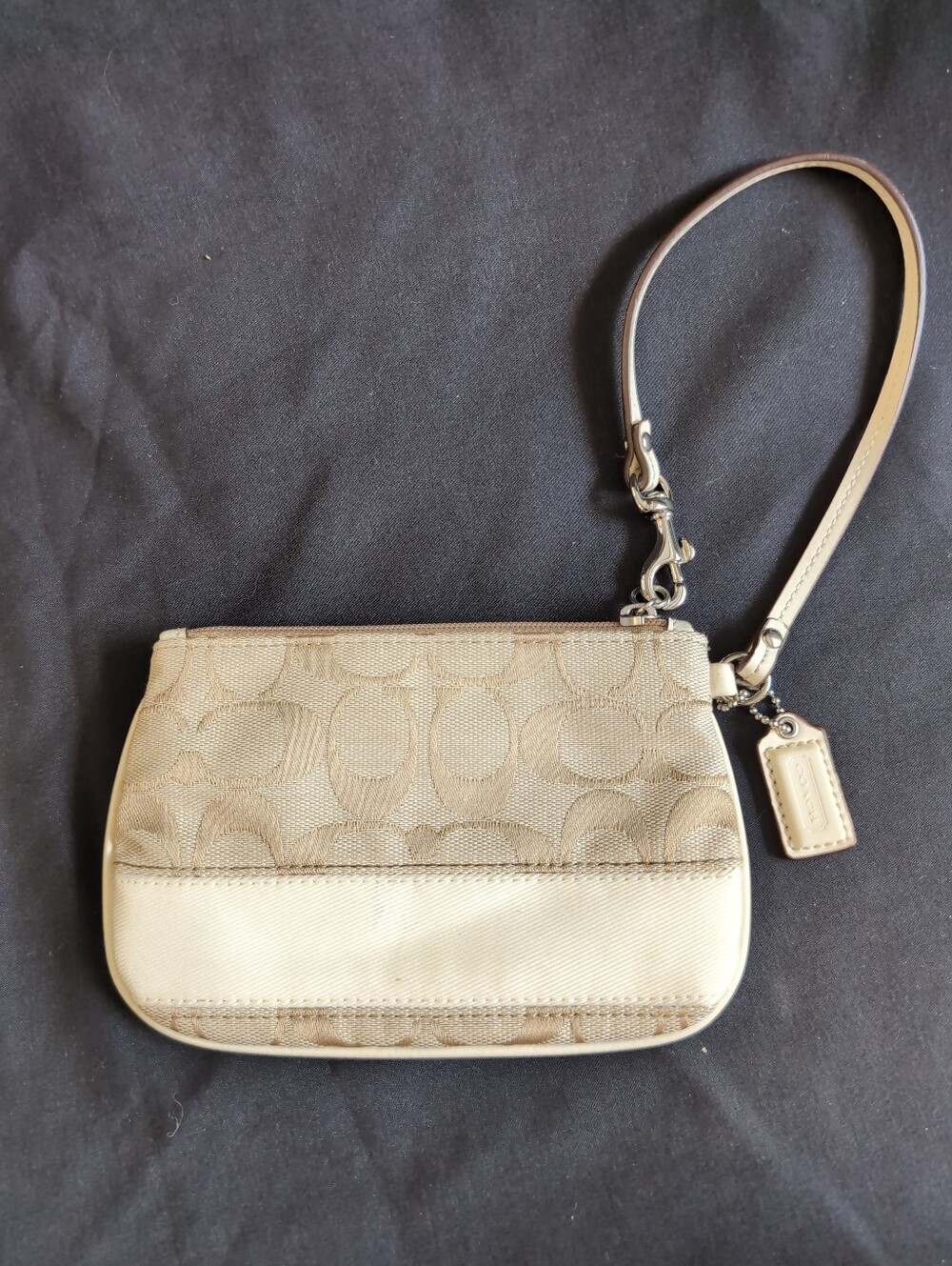 COACH SIGNATURE STRIPE Wristlet Khaki Cream Monogram Canvas Leather